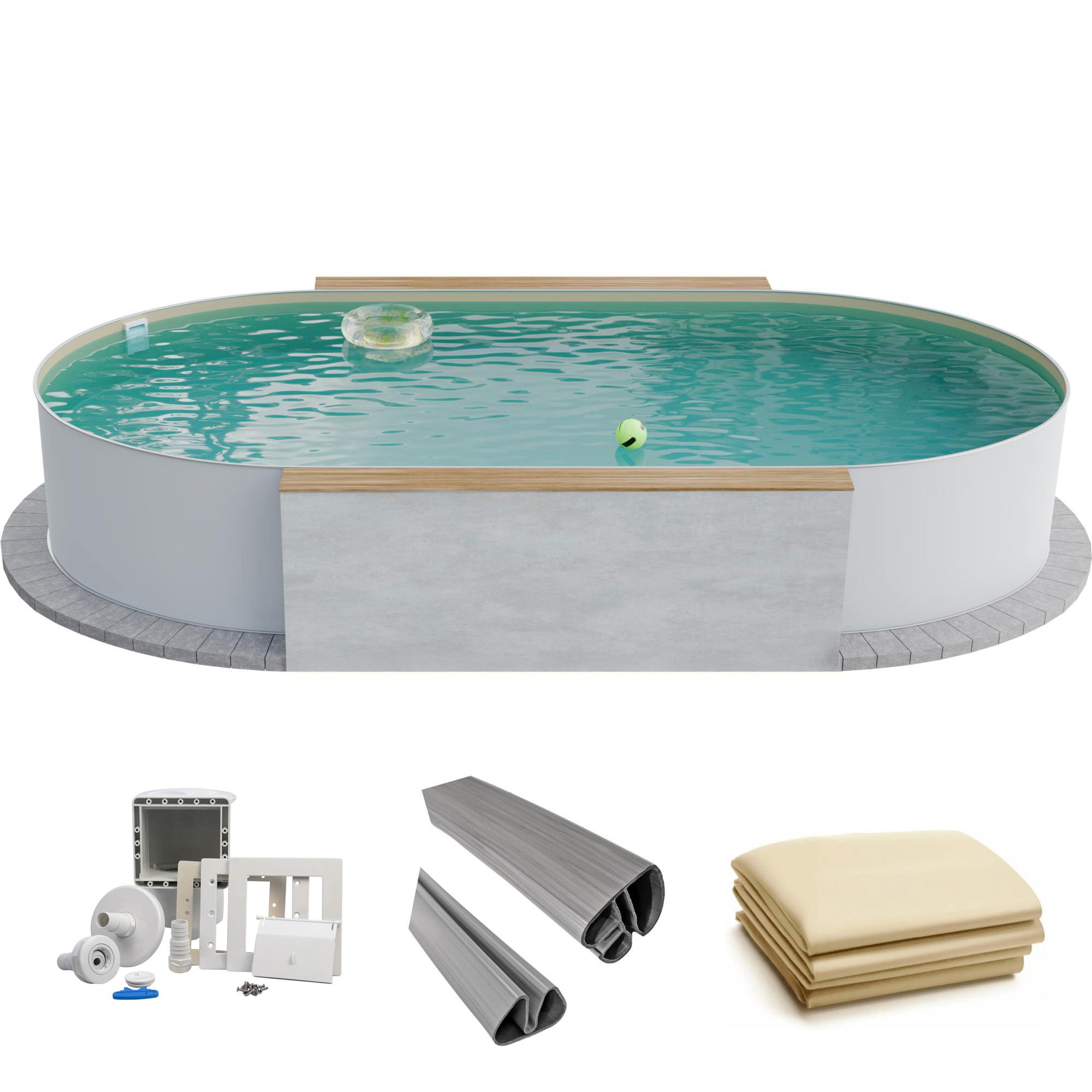 Fresh-Pool Profi Stahlwandpool Set oval, 700x350x150 cm, Stahl 0,8 mm weiß, Folie 0,8 mm sand, Einhängebiese Fresh-Pool Profi Stahlwandpool Set oval, 700x350x150 cm, Stahl 0,8 mm weiß, Folie 0,8 mm sand, Einhängebiese